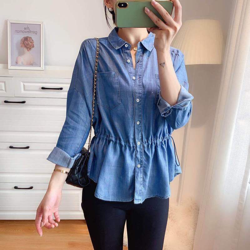

Brave CS1002 fashionable! Over there is a voice to draw string waist jeans jackets female blue silk shirt, See chart