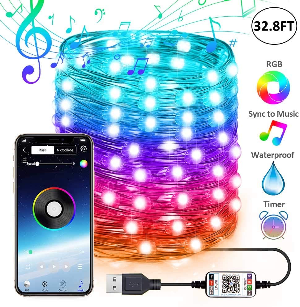 LED文字列、USB Fairy String Lights屋外屋内きらめきライト色の変更Bluetooth音楽RBG照明ワイヤーの星のカーテン