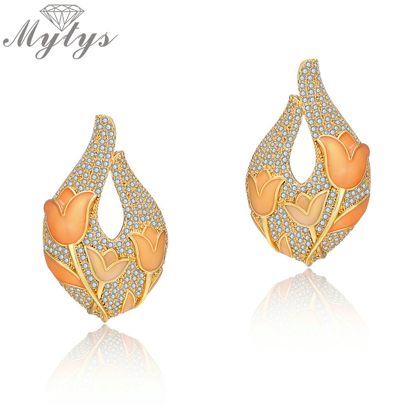 

Mytys Pave Setting Zircon Tulips Flower Pattern Enamel Stud Earrings for Women Graceful Jewelry Girls Fashion Brincos CE444