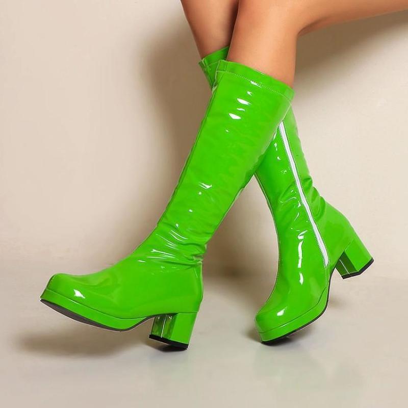 

women knee high boots mid heels shoes woman shiny patent leather warm gladiator shoe chaussures femme zapatos mujer sapato D2118, Red