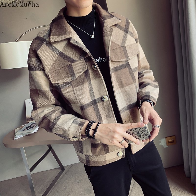 

AreMoMuWha Autumn Winter New Woolen Coat Male Korean Version of The Short Jacket Slim Plaid Coat Lapel Handsome Woolen 1282, Gray