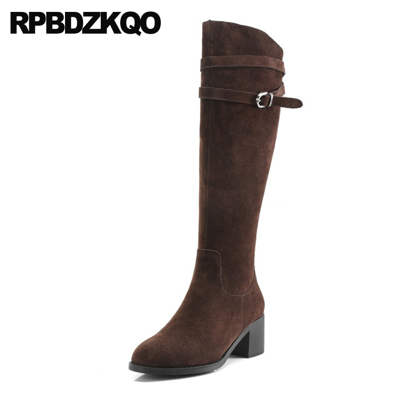 

round toe fur belts boots knee high chunky tall long genuine leather block designer shoes women luxury 2020 suede winter quality, Black