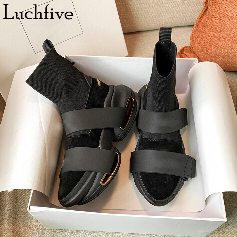 

Elastic Buckle Strap Women Boots Pointy Toe Sock Boots Femme Stretch Fabric Shoes Woman Leisure Black Ankle