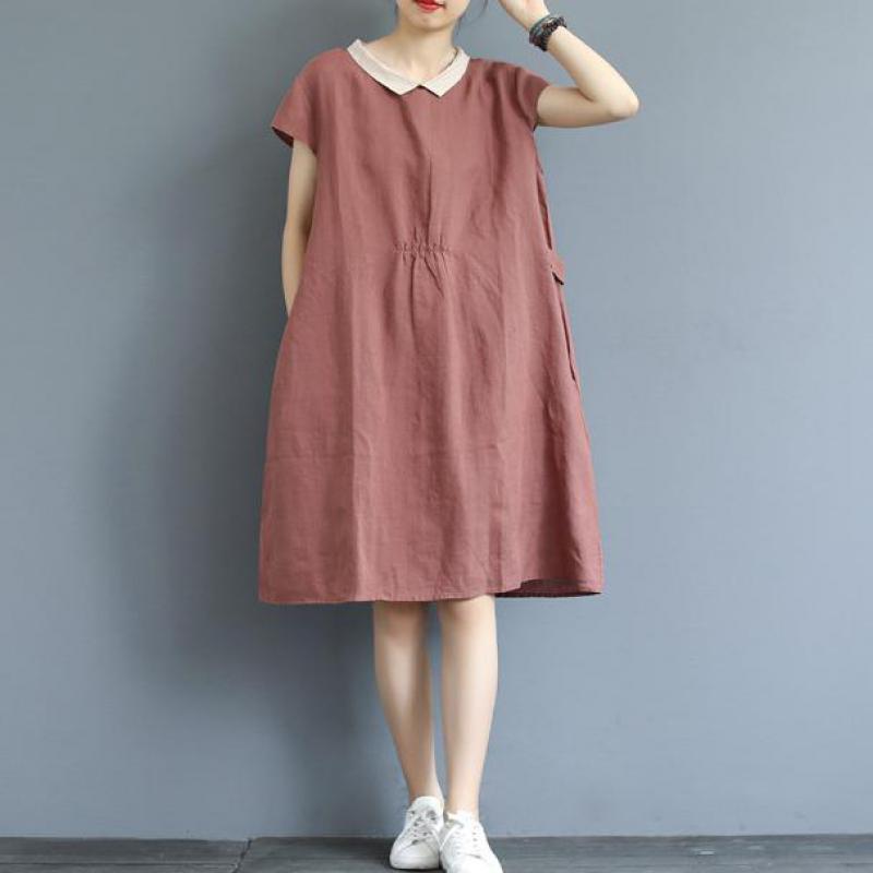 

Johnature Vintage Summer Dress Loose Solid Color Short Sleeve Button Turn-down Collar Loose 2020 New Clothes Women Dress, Blue