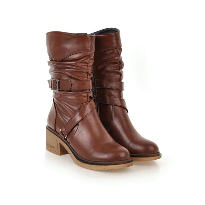 

Womens punk buckles strap Ruched Lace up Motorcycle Block Heels knight Mid calf Boots Casual Shoes, Black