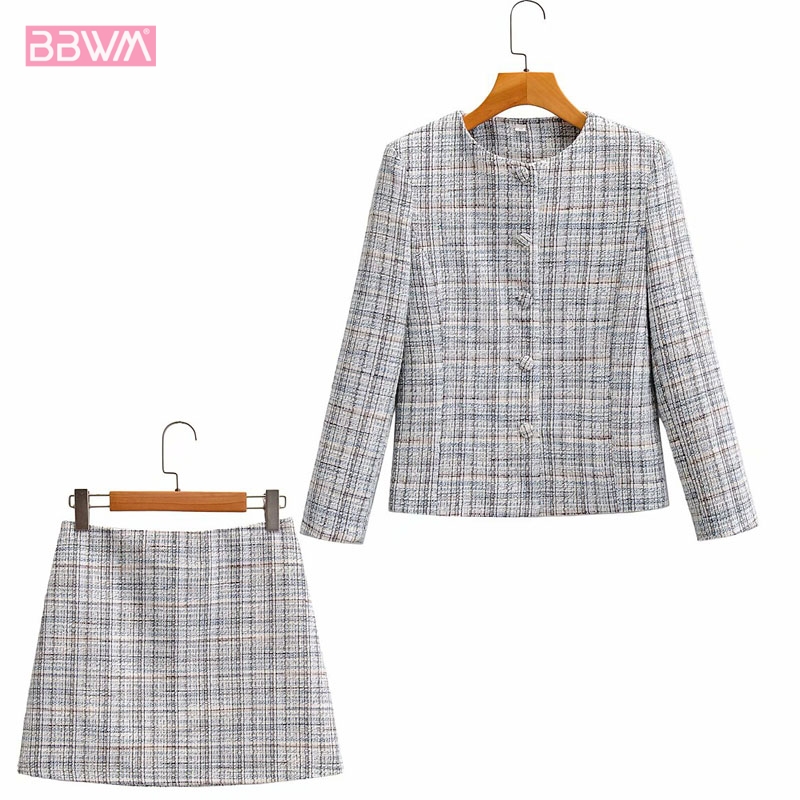

Small Fragrance Round Neck Short Plaid Long Sleeve Tweed Chic Women' Jacket Harajuku Korean Version Sweet Female Skirt Suit, Silver