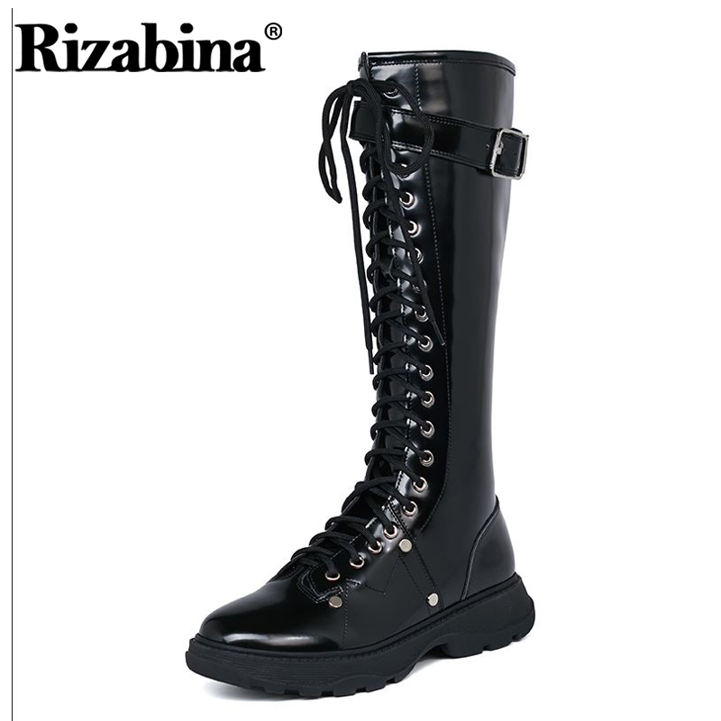

Rizabina New Fashion Women Knee High Boots Round Toe Zipper Cross Strap Punk Style Flat Heel Shoes Outdoor Footwear Size 34-39, Black