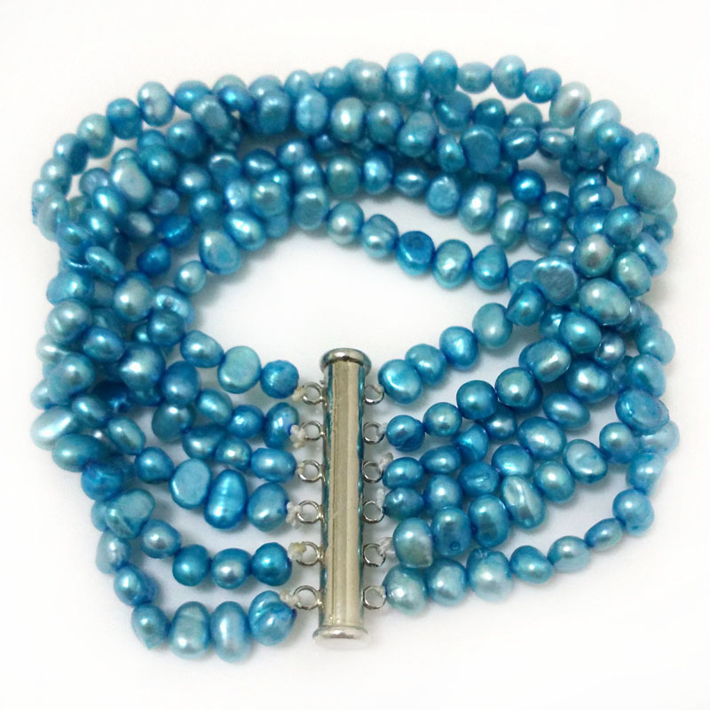 

7.5 inches 6 Rows 6-7mm Blue Natural Freshwater Nugget Baroque Pearl Bracelet