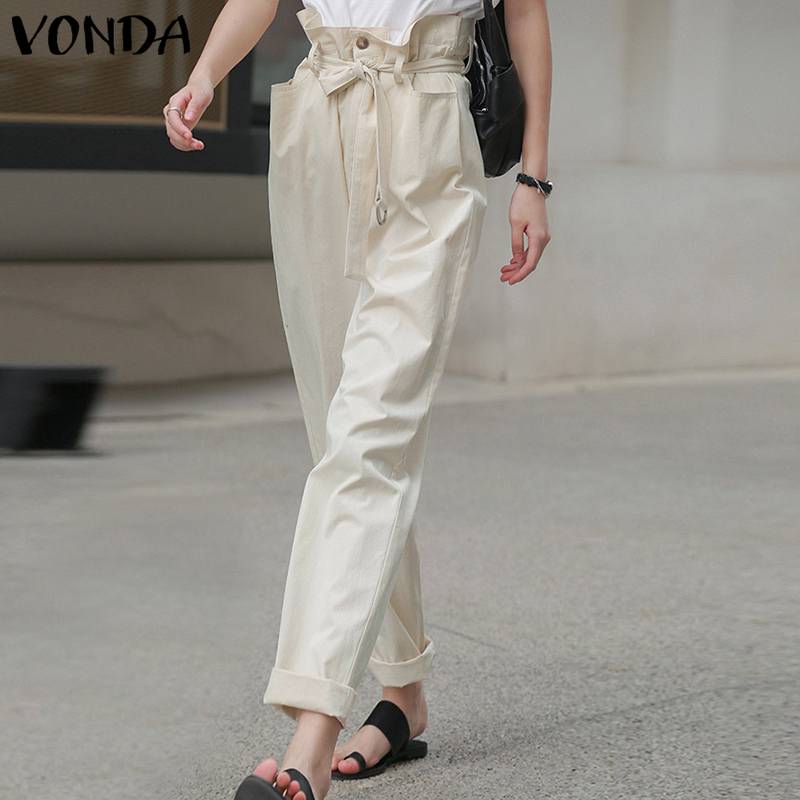 

Plus Size Pants VONDA Women Casual Trousers Zipper Pantalon High Elastic Waist Loose Palazzo Fashion Belt Pants 5XL Pantalones, Black