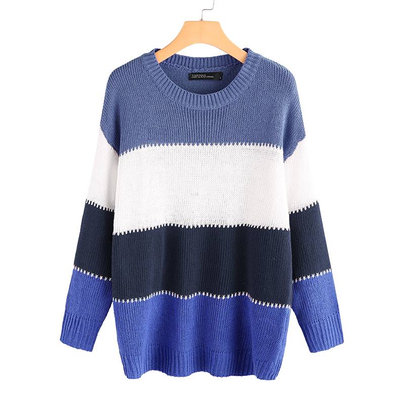 

Fashion Women Autumn Sweater ZANZEA Stylish Long Sleeve Striped Sweaters Casual Kintwear Loose Jumper Femme Knitted Top Oversize, Blue
