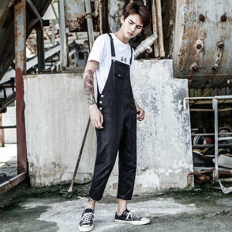 

2020 New Solid color Bib Male tide Korean version of Wild Casual pants Elastic Nine pants Men' Slim feet More size -XXXL 4XL, Black