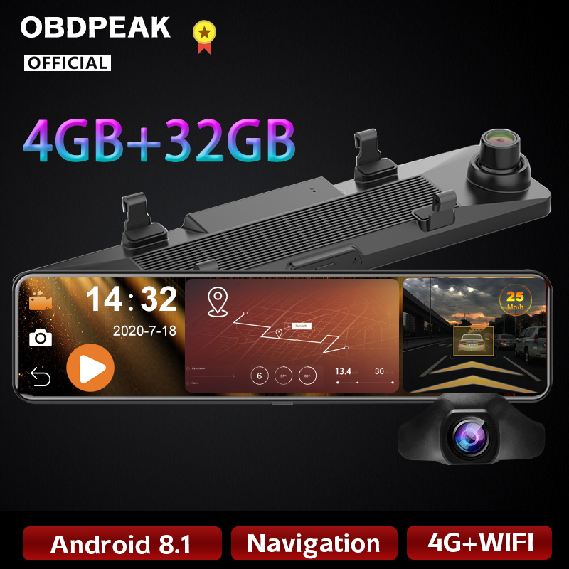 

OBDPEAK 1080P 4G+32G Android 8.1 12 Inch Car DVR Camera RearView Mirror ADAS Wifi GPS Auto Video Registrator DashCam 24H Parking