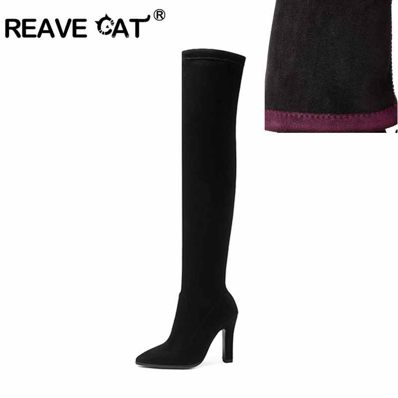 

REAVE CAT 2020 Women Boots Stretch Fabrics Over The Knee Boots Pointed Toe Autumn Shoes Thin High Heels Ladies Size 34-43, Black
