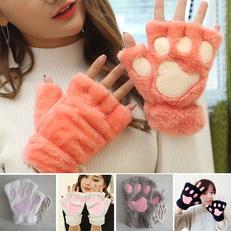 

Five Fingers Gloves Ly Fashion Winter Women Plush Cute Bear Cat Claw Mittens Short Fingerless Ladies Girls Half Finger Glove