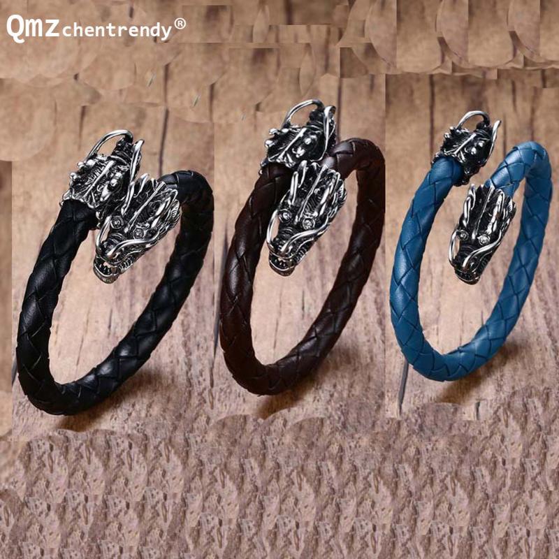 

Female Braided Genuine Leather Bracelet Stainless Steel Dragon Male Bangles Stainless Steel Fashion Vintage Men's Fine Jewelry