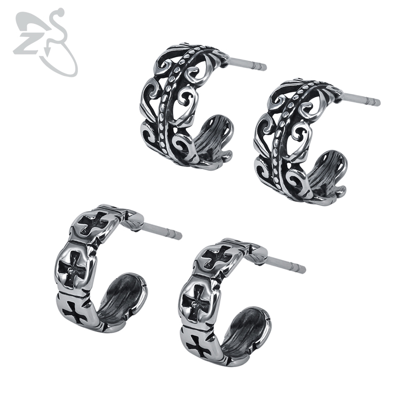 

ZS Vintage Male Cross Ear Studs Jewelry Stainless Steel Punk Feather Earrings Fashion Small Hip Hop Earring Gifts for Men Women