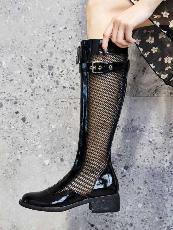 

2020 summer and autumn mid-heel mesh fashion hollow sandals breathable mesh long tube low-heeled all-match women's boots, Black