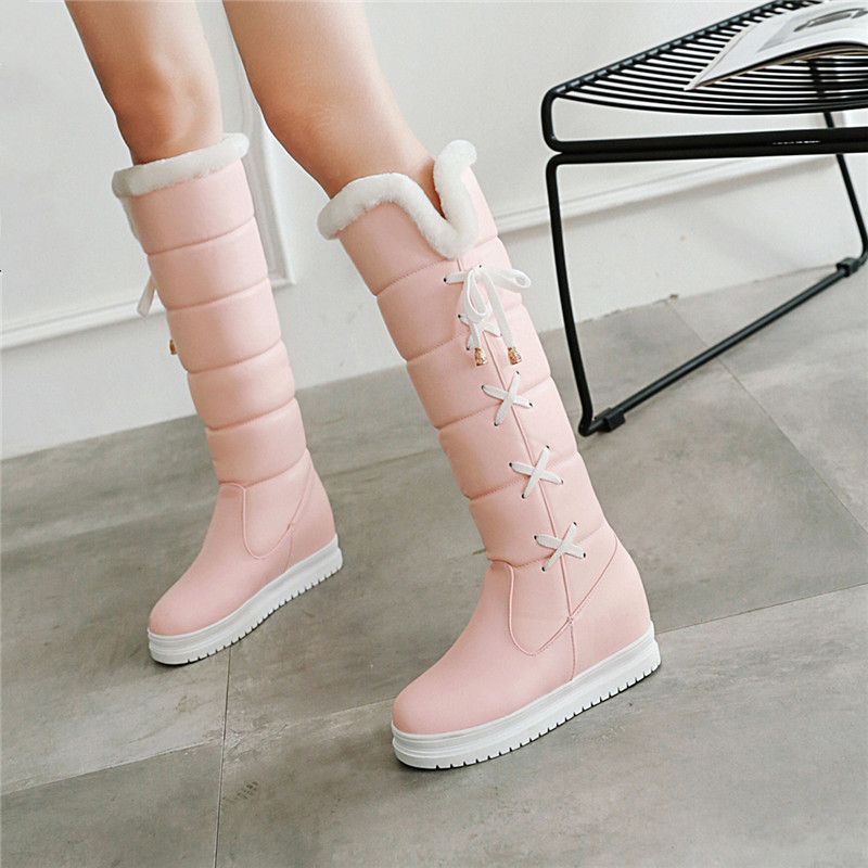 

YMECHIC 2020 Fashion Sweet Warm Plush Striped Woman Boots Shoes Winter Hidden High Heel Long Knight Snow Boots Cross Strap Botas, Black