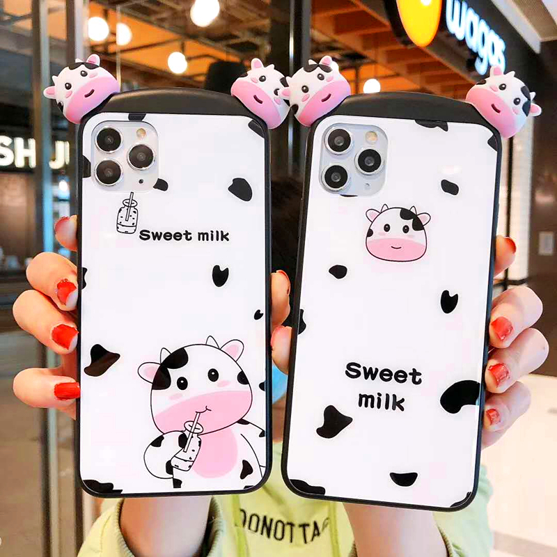 3D Doll Toy Phone Case for Iphone 11ProMAX Silicone Tempered Glass Cover Case for SE 2020 X XR XS 6 6s 7 8 Plus Cute Cartoon Cow Soft CASE-image-570408543