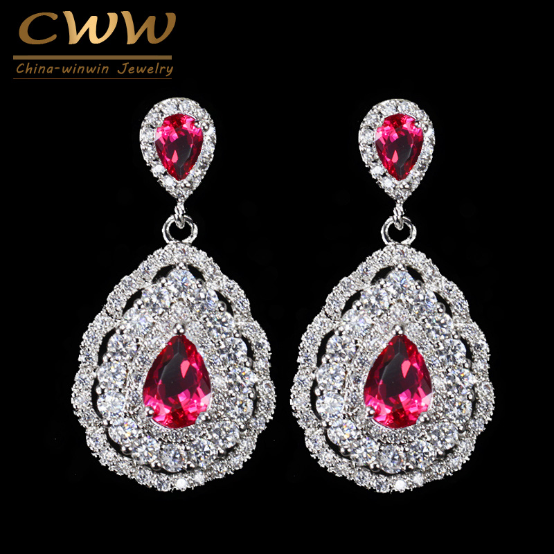 

CWWZircons 3 layers Cubic Zirconia Stone Rose Red Water Drop Crystal High Quality Earring for Women Wedding Bridal Jewelry CZ122