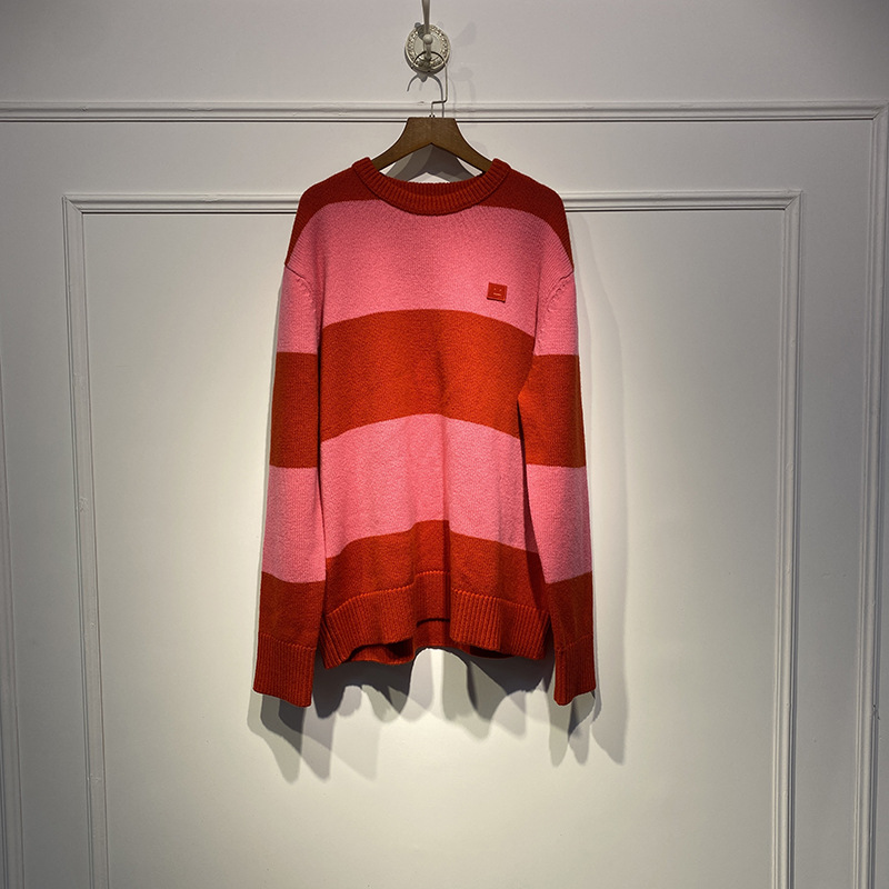 

Women Striped Sweater Contrast Color Smile Wool Knitted Pullover Casual Loose Top Long Sleeve O-neck Autumn Winter Knitwear, Red