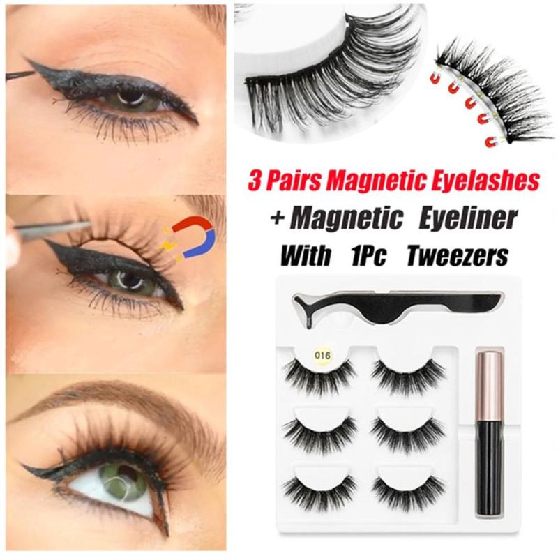

3 Pairs Magnetic Eyelashes Long Thin and Light Magnet False Eyelashes with Liquid Eyeliner Waterproof False Lashes