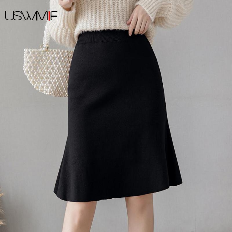 

Free Shipping Winter Skirt New Fashion Outwear Simple High Waist Split Slim Casual Solid Color Comfort Warm Knitted Women Skirt, Black