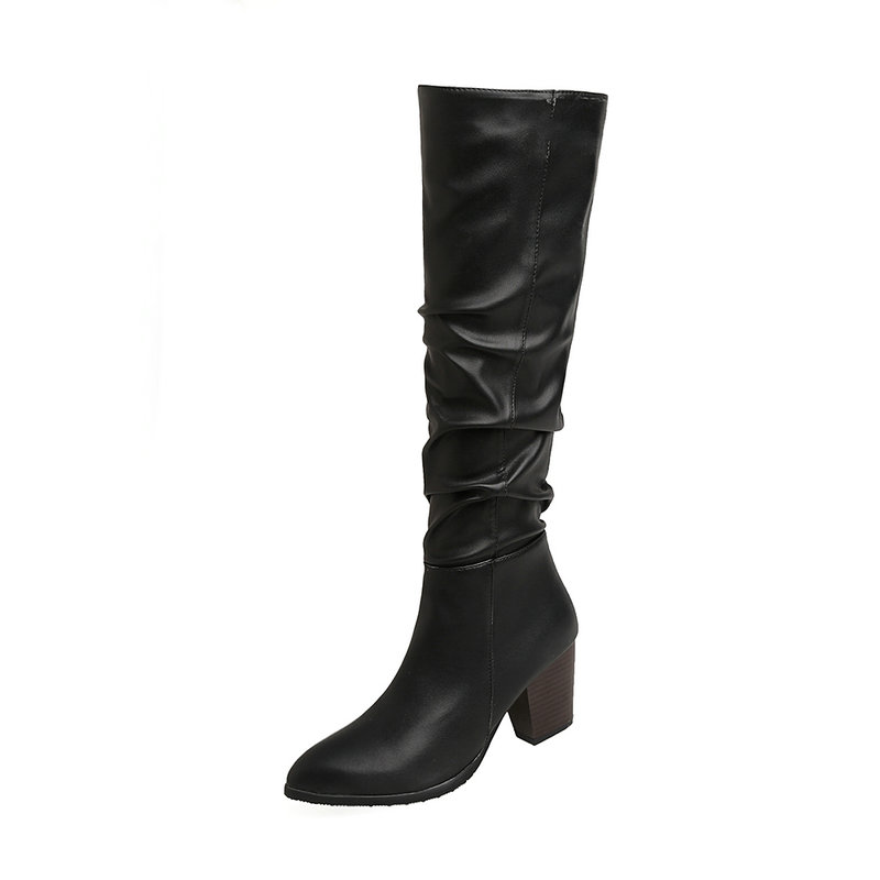 

Sexy pleated Warm Long Winter Tight High Boots woman Women Knee High Boots thick heels Party Shoes Woman size 41 42 43, Black