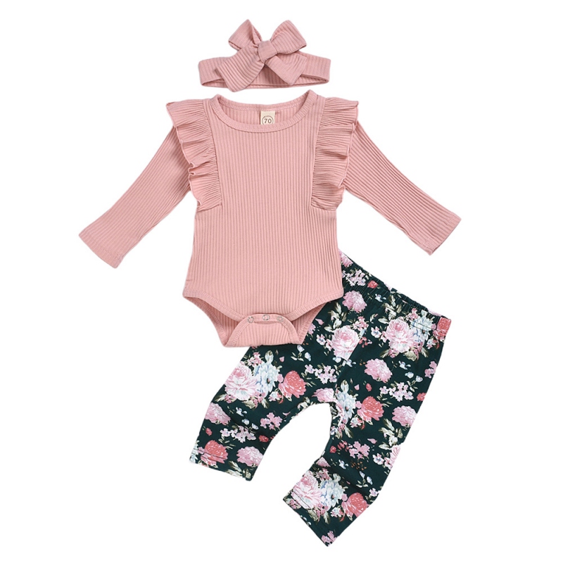 

New Autumn Newborn Baby Girl Clothes Set Solid Long Sleeve Ruffle Romper Tops Flower Short Pants Headband 3Pcs, Blue