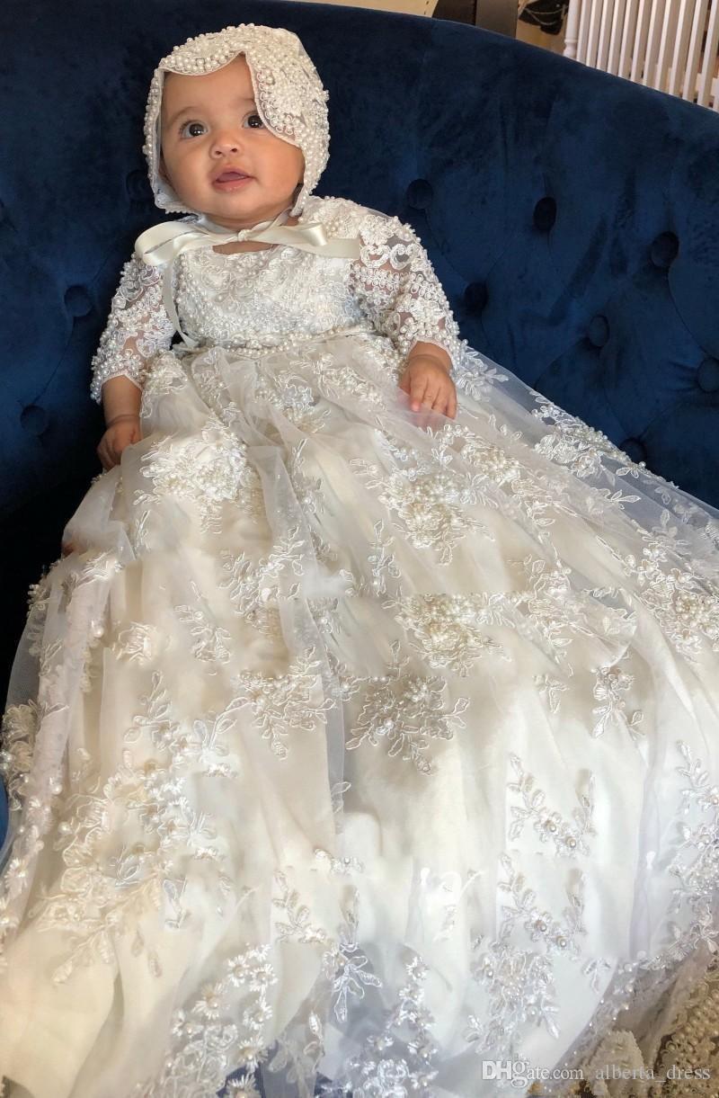 

Lovely Lace Appliqued Pearls Baptism Dresses First Communication Dress Pretty Flower Girls Dresses Long Sleeve Christening Gowns For Baby Gi, Royal blue