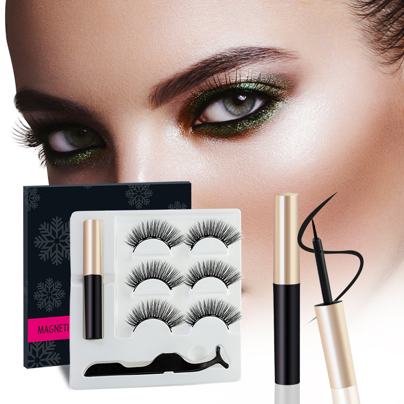 

3 Pairs Magnetic False Eyelashes & Magnetic Eyeliner Set 5 Magnet 3D Natural Long Thick false lashes with Twezzer