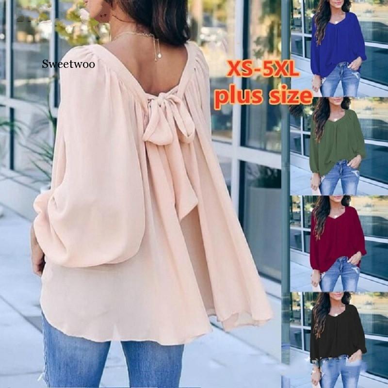 

5XL Womens Tops and Blouses Plus Size Summer Chiffon Loose Solid Bow V-Neck Long Sleeve Casual Fashion Chiffon Blouse, Black