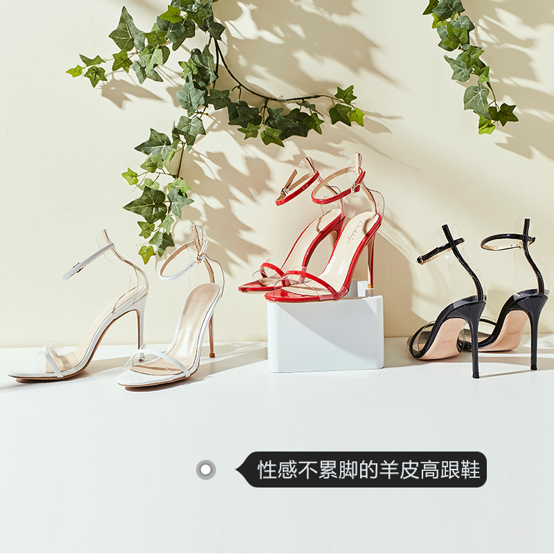 

Elegance2020 Decent Summer Black Mid-high Thin Heel Sexy Transparent One-line Real Leather Women's Sandals with Night, White 10cm heel