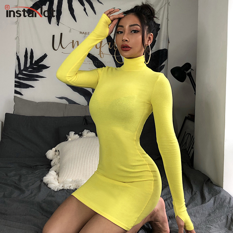 

InstaHot Turtleneck Long Sleeve Skinny Mini Dress Women Autumn Sexy Sporting Style Dresses 4 Color Bodycon Slim Yellow Clubwear, Black dress