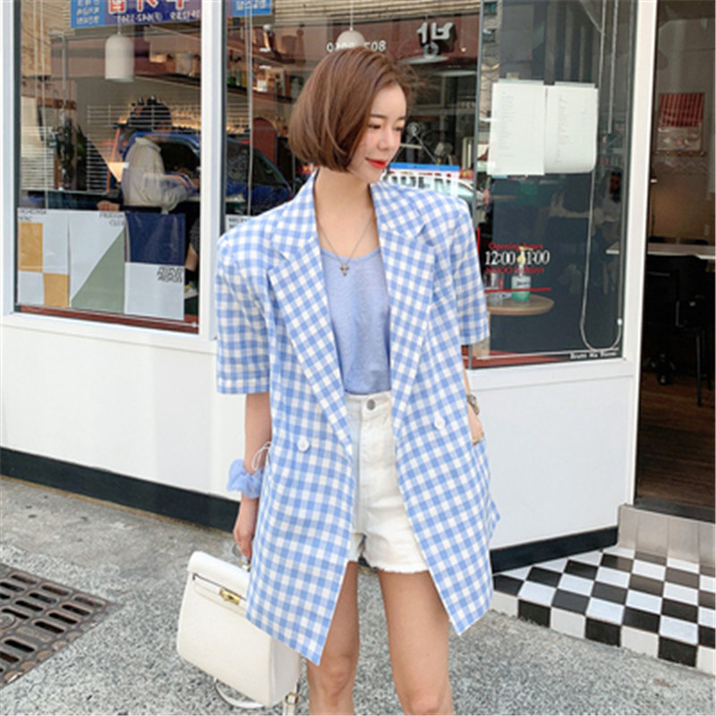 

RUGOD 2020 New Arrivals Ladies Plaid Summer Suit Half Sleeve Outfit Fashion Simple Office Women Tops, Picture color