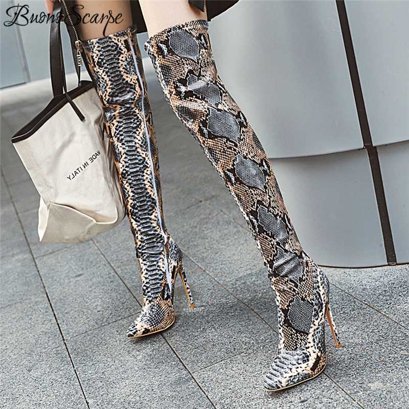 

Buono Scarpe Animal Print Women Thigh High Boots Sexy Over The Knee Snake Print Prom Botas Mujer Thin High Heel Long Boots 2020, Brown 1