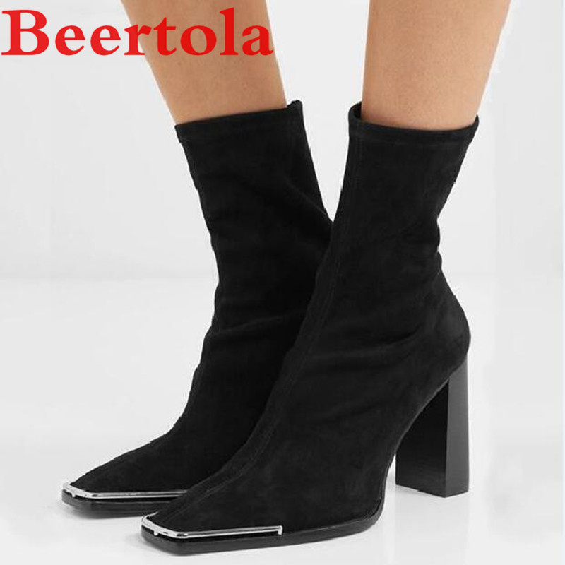 

Metal Square Toe Women's Boots Runway High Heels Botas Mujer Snakeskin Pattern Zip Booties Femme Square Heels Winter Chaussures, As pics