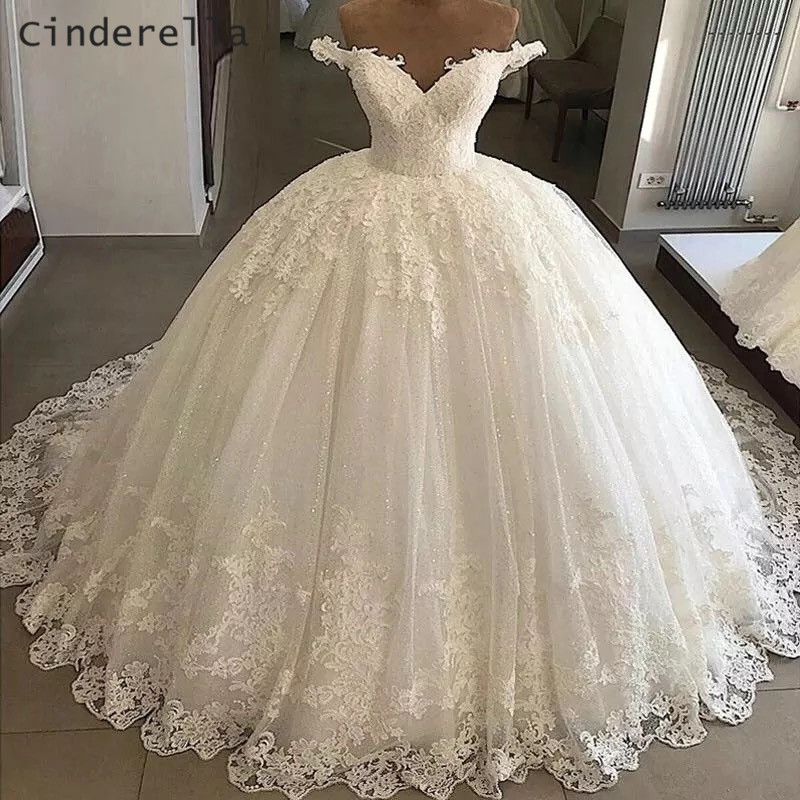 

Cinderella V-Neck Off The Shouder Floor Length Tulle Sequins Lace Applique Princess Ball Gown Wedding Dresses Lace Bride Gown, Blue