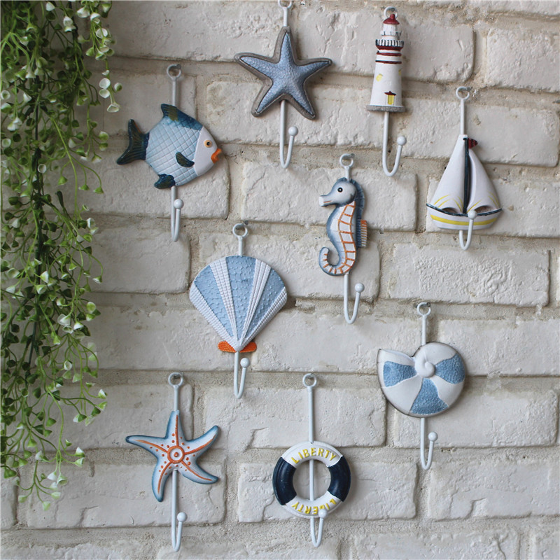 

Creative Mediterranean Style Wall Hooks Blue Ocean Wooden Hooks Sailboat Lifebuoy Starfish Shape Hanger Hook Home Bar Shop Decor