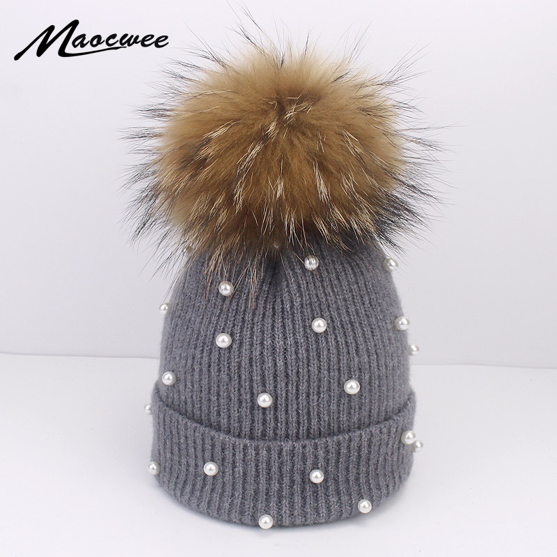 

Pompom Hat Women Fur Cap With Pearl Autumn Winter Warm Crochet Wool Beanies Hat Female Adult Unisex Soft Solid Black Raccoon