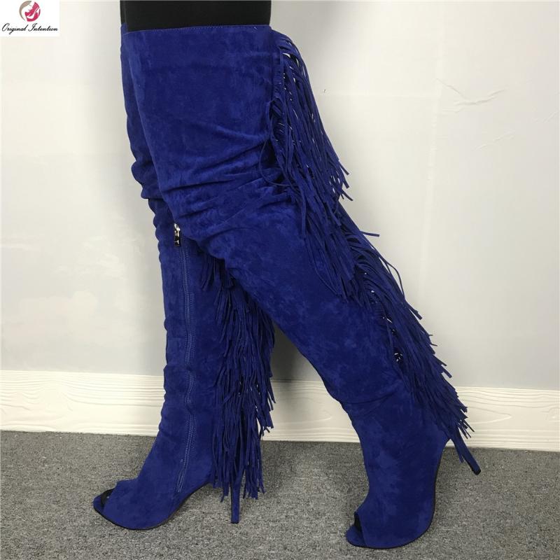 

Original Intention Stylish New Blue Thigh High Fringe Boots Woman Peep Toe Stiletto High Heels Long Boots Sexy Spring Autumn, Oi1823 blue