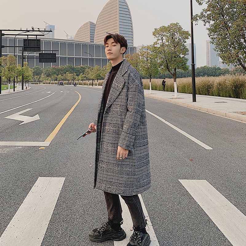 

Winter Thick Plaid Woolen Coat Men' Fashion Retro Casual Woolen Jacket Men Overcoat Streetwear Loose Korean Long Coat Mens, Black plaid