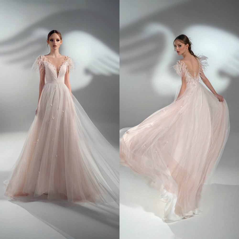 

2021 Elegant Wedding Dresses V Neck Appliques Lace Feather Bridal Gowns Custom Made Backless Sweep Train A-Line Wedding Dress, Champagne
