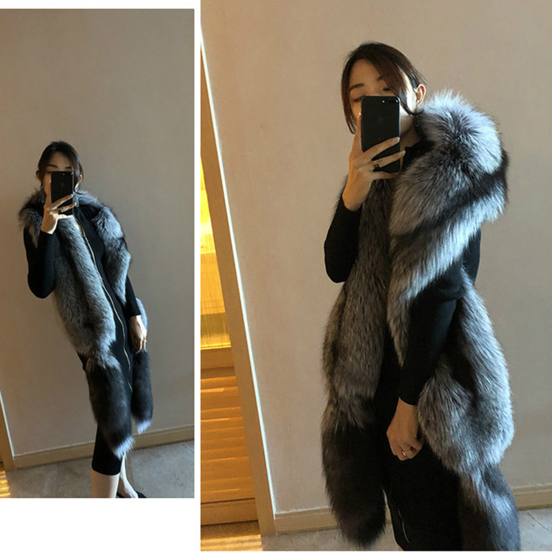 

MS.Minshu Long Shawl Scarf Luxury Genuine Whole skin Stole with Tails Natural fur