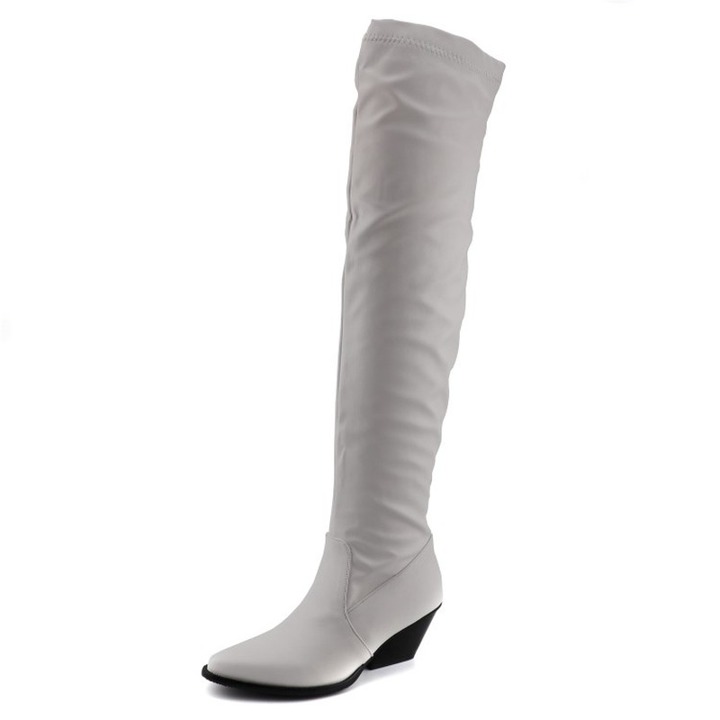 

Black White Over-the-Knee Western Cowboy Boots for Women Long Winter Boots Pointed Toe Cowgirl wedges Motorcycle MAZIAO