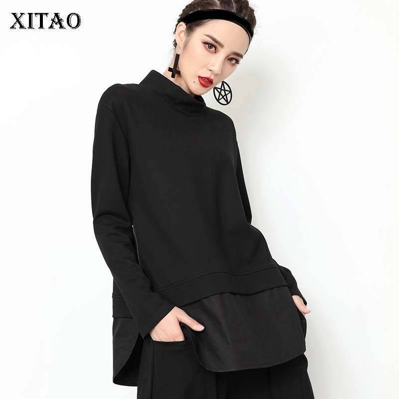 

XITAO Patchwork Zipper Black T Shirt for Women Plus Size Long Sleeve Stand Collar Tide Street Style Tops Korean Clothing GWY2355, Black gwy2355
