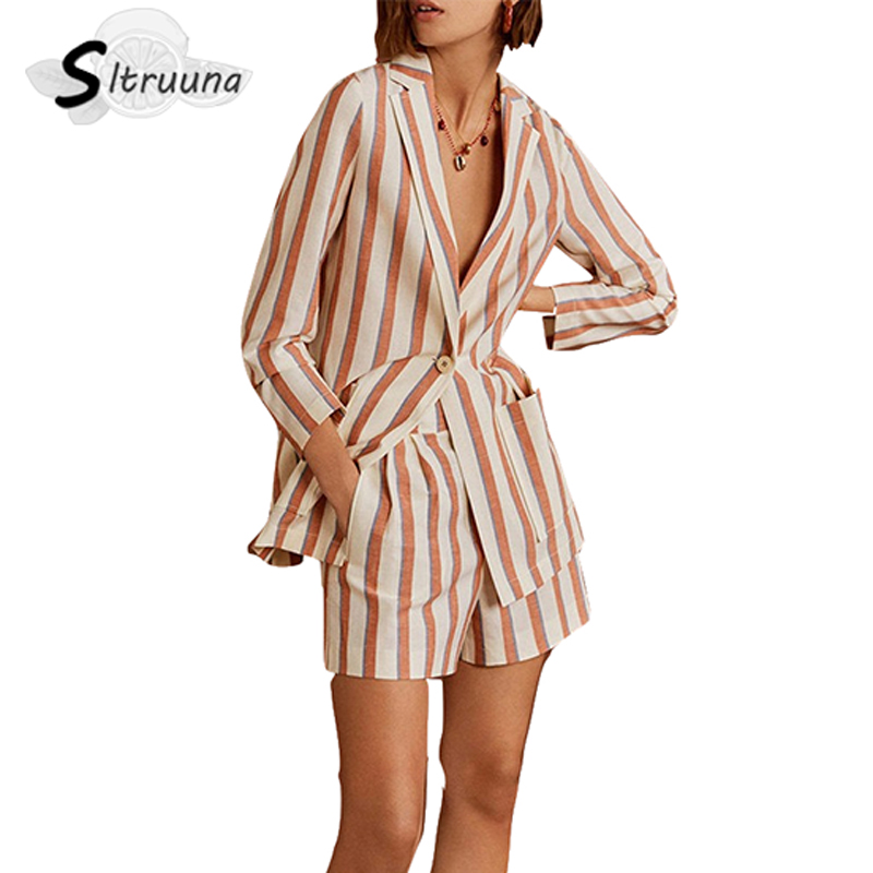

Sitruuna women autumn stripe single button blazer office lady high street shorts casual loose female outwears