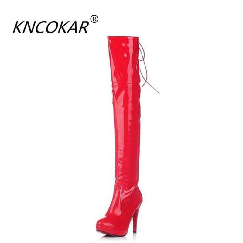 

KNCOKAR Ultra high heel pole dancing over-the-knee boots performance patent leather thin leg tall women shine boots new product, White