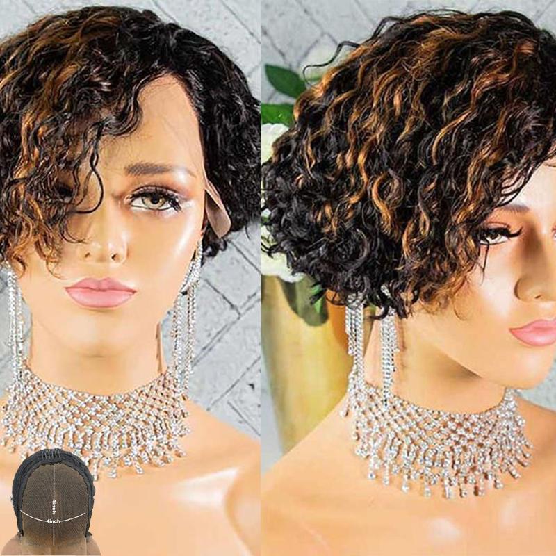 

Atina Pixie Cut Wig Ombre Blonde 4x4 Lace Closure Wig Colored Curly Human Hair Honey Blonde Short Bob Bleached Knots Remy