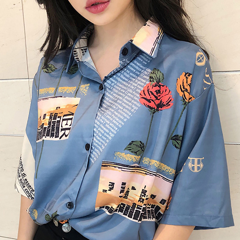 

Summer Girls Retro Sweet Blouse Rose Print Short Sleeve Blouses Shirts Women Floral Chiffon Blouse Loose Top, Blue